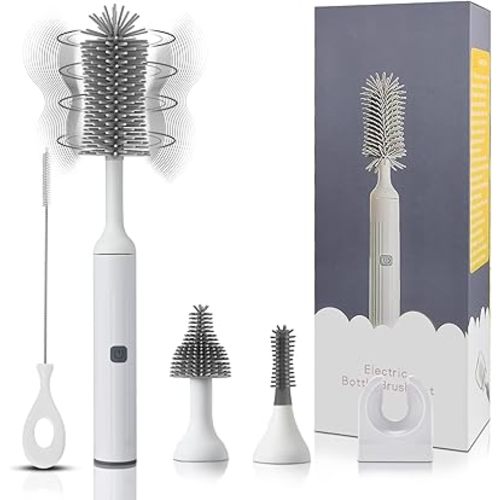 Electric Cleaning Brush with USB Rechargeable Electric Bottle Brush Cleaner and 3 Replaceable Silicone Bottle Brushes and Straw Cleaner Brush,Perfect Baby Gifts and Kitchen Brushes(White)