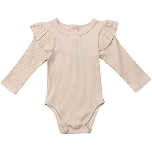 Mubineo Infant Baby Girl Basic Plain Rib Knit Ruffle Long Sleeve Romper Bodysuit Tops