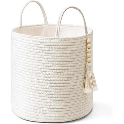Mkono Woven Storage Basket with Handles Decorative Cotton Rope Basket Wooden Bead Decoration for Blankets,Toys,Clothes,Living Room Home Decor, 11", White