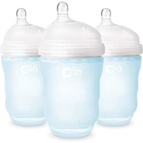 Olababy Gentle Silicone Baby Bottle, Anti-Colic, BPA Free, Easy to Clean and Wide Neck Baby Bottles Best for Breast Feeding Babies (8 Ounce 3PK, Sky)
