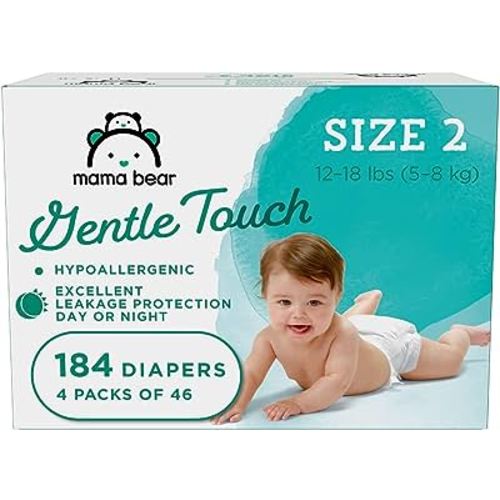 Amazon Brand - Mama Bear Gentle Touch Diapers, Hypoallergenic, Size 2, White, 184 Count (4 packs of 46)