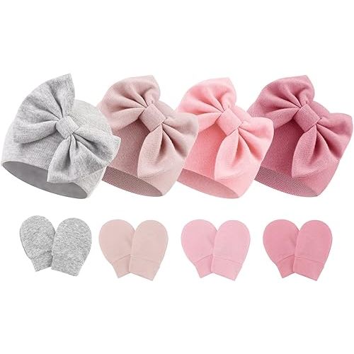 BQUBO Newborn Baby Hats Mittens Set Hospital Hat Beanie Infant Bow Hats Baby Gloves No Scratch Mittens for 0-6 Months