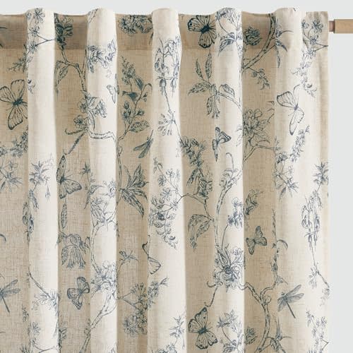 jinchan Floral Linen Curtains for Living Room 84 Inch Length Printed Toile Curtain Blue Light Filtering French Country Farmhouse Curtain Flower Patterned Drapes Bedroom Back Tab Rod Pocket 2 Panels