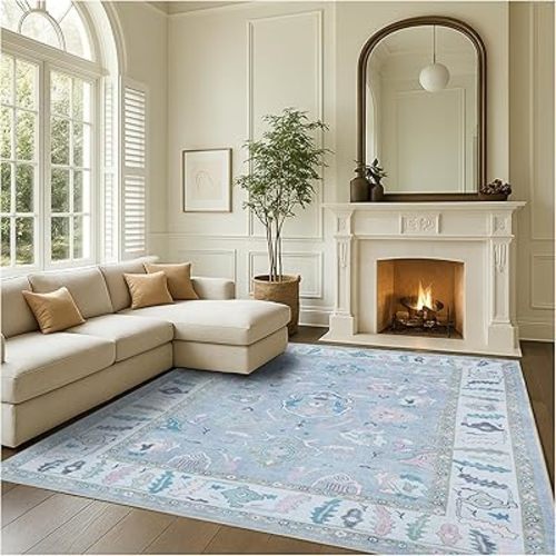 Fame Rugs Modern Oushak Rug 7'5x10, Vintage Turkish Lavender Oriental Antique Inspired Area Rugs, Foldable Washable Luxury Living Room Bedroom (386PBL, 7'5 x 9'9)