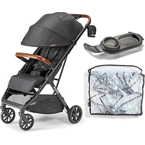 Bombi Bēbee V2 Stroller Bundle – Hickory Lightweight Stroller with Snack Tray & Rain Cover, One-Hand Fold, All-Terrain Suspension, UV-Protective Fabrics, BPA-Free Tray & Weather Shield