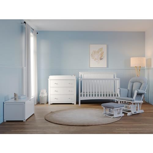 Child Craft Scout 4-Piece Nursery Set, Includes 4-in-1 Convertible Crib, Dresser with Changing Table Topper, Cozy Glider, and Toy Box (Matte White)