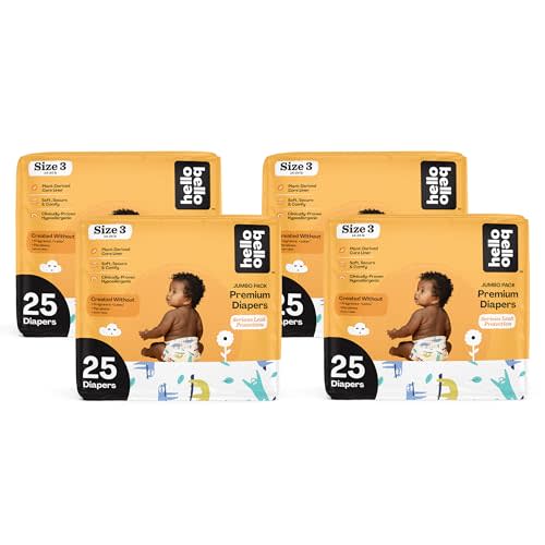 Hello Bello Premium Baby Diapers Size 3 I 25 Count of Disposable, Extra-Absorbent, Hypoallergenic Baby Diapers with Snug and Comfort Fit I Sleepy Sloth (Pack of 4)