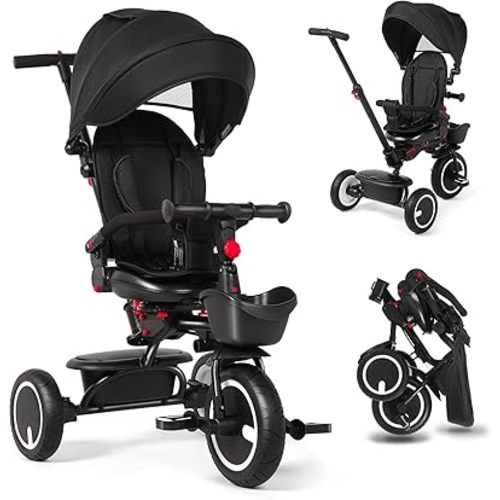 Baby Tricycle, 6-in-1 Folding Kids Trike with Removable Push Handle, Rotatable Seat, Adjustable Canopy, Storage Box, Safety Harness, Balance Bike, Toddler Trike for 7 Months - 5 Year Girls and Boys