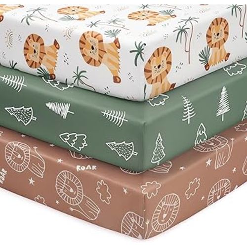 Baby Crib Sheets for Boys and Girls, 3 Pack Fitted Toddler Bed Sheets Neutral for 52”x28” Standard Crib and Toddler Mattresses, Super Soft Microfiber Brown Lion