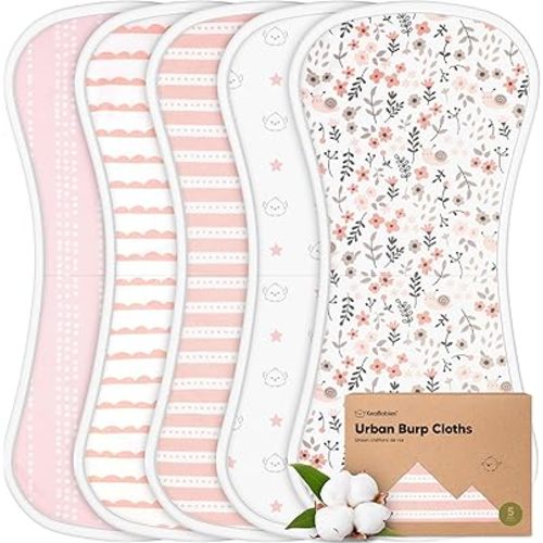 Organic Burp Cloths Baby Boy & Girl - 5-Pack Super Absorbent Cotton Burping Cloths for Babies, Soft & Plush Newborn Spit Up Rags, Infant Towels for Milk Spit Up, Unisex, Large 21" x 10" (Sweet Charm)