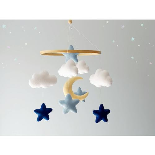Baby Boy Mobile Blue Stars and Moon, Space Crib Mobile, Felt Nursery Decor