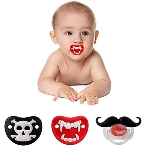 Funny Baby Pacifier, Cute Mustache Binkies, Vampire Binky Skulls Halloween Pacifiers for Babies 0-36 Months, Silicone Nipple, BPA-Free, Gift for Infants Newborn