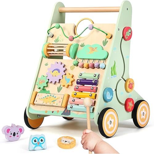Wooden Baby Walker - Adjustable Speed Wooden Walkers for Babies 6-12 Months, Montessori Walker Toy, Sturdy Baby Push Walker with Activity Center & Wheels for Boys and Girls Learning to Walk