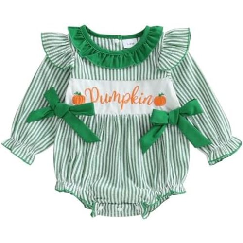 FYBITBO Halloween Baby Girl Outfits Pumpkin Bubble Romper Smocked Long Sleeve Onesie Bodysuit Cute Newborn Infant Clothes