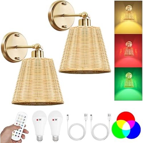 Frideko Rattan Rechargeable Battery Operated Wall Sconces Set of Two with Remote, RGB 15 Colors Dimmable Wireless Wall Light, Indoor Wall Lamp with 3 Timer, Farmhouse Boho Wall Lighting for Bedroom