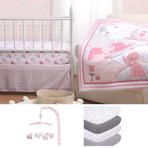 The Peanutshell Pink Elephant Crib Bedding Set, 8 Pieces, Microfiber, Quilt, Sheets, Mobile