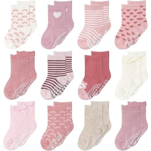 The Peanutshell Organic Baby Girl Socks 0-24 Months Set of 12 - Non-Slip Grip, Soft Cotton Newborn & Toddler Socks - Blush