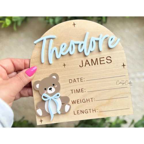 Birth Announcement, Name Sign,Fresh 48 Name Plaque,Hi My Name Is,Newborn Photo Prop, Baby Boy Birth Sign, Teddy Bear Baby Sign