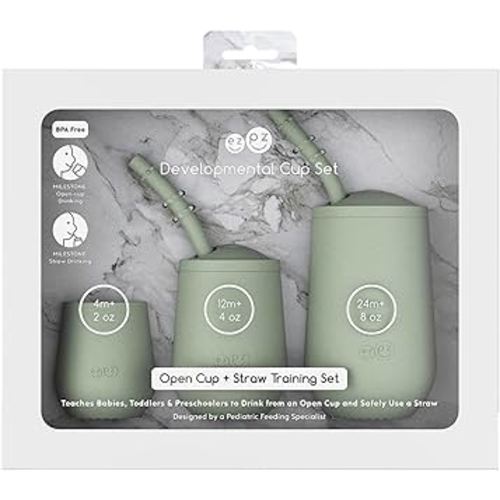 ezpz Developmental Cup Set (Sage) - 100% Silicone - Teaches Babies, Toddlers, and Preschoolers to Drink from an Open Cup and Safely Use a Straw - Designed by a Pediatric Feeding Specialist