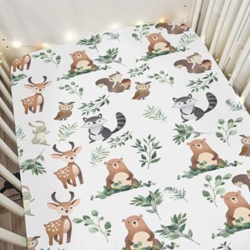 Cute Animals Green Leaves Baby Crib Sheets for Boy Girl 52"x28" Bear Deer Squirrel Bunny Owl Soft Snug Fitted Crib Mattress Cover Wild Animals Nursery Baby Sheet for Crib & Toddler Bed Mattresses