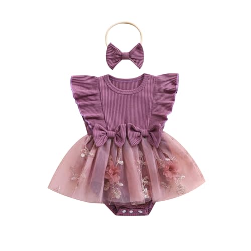 Newborn Infant Baby Girls Romper Dress Summer Jumpsuits Clothes Knitted Tutu Mesh Floral Skirt with Headband