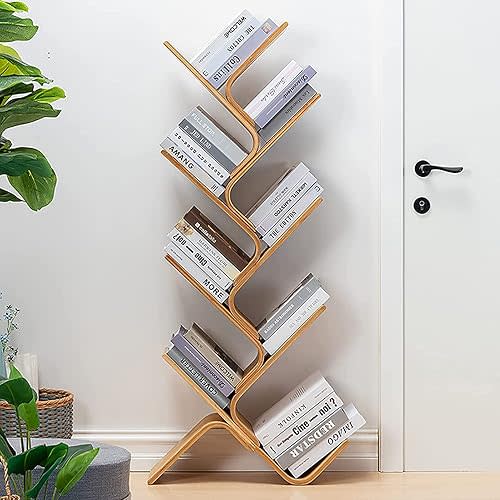 Bamboo Tree Bookshelf, 8-Tier Wood Bookcase, Free Standing Book Organizer Shelves, Books/Albums/Files Holder Display Storage Rack Space Saver for Living Room Bedroom-Log 55x23x5inch