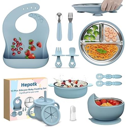 13 Pack Silicone Baby Feeding Set, BPA-Free Stainless Steel Toddler Feeding Supplies, Include Suction Plates, Baby Bowls, Silicone Fork & Spoon, and More, First Stage Baby Dish Set - 6+ Months