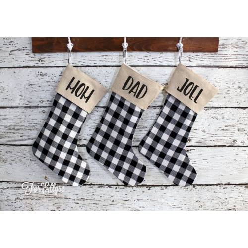 Black White Buffalo check Burlap Stocking -  personalized Buffalo Plaid Christmas stocking