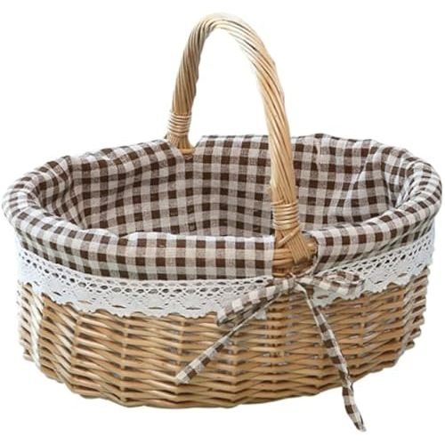 Wicker Picnic Basket with Liner, Oval Willow Basket Handle Flower Girl Basket Vintage-Style Picnic Hamper Woven Empty Basket for Picnic Outdoor Coffee C