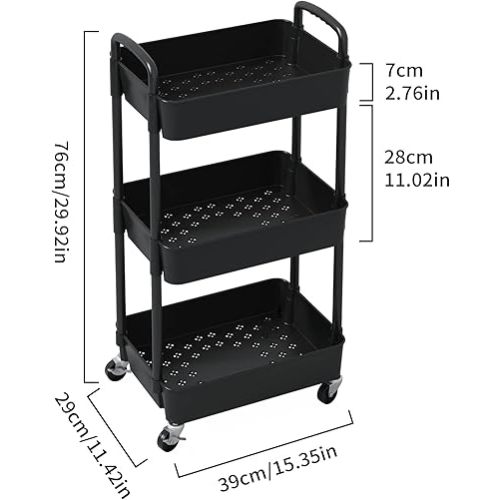 Sywhitta 3-Tier Plastic Rolling Utility Cart with Handle, Multi-Functional Storage Trolley for Office, Living Room, Kitchen, Movable Storage Organizer with Wheels, Black