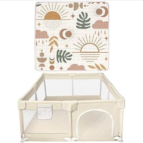 Baby Playpen with Mat, 50x50 Inch Playpens for Babies and Toddlers, Foldable Playpen with Carrying Bag, Play Yard for Indoor and Outdoor with Visible Mesh(Beige Nature)
