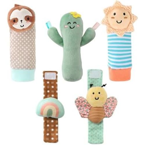 The Peanutshell Sock Rattles Set of 5 - Girl Boy Rattle Socks, Baby Toys 0-6-12 Month, Animal Newborn High Contrast Baby, Infant, New Born Toys 0-3 0-6 Months Old Babies - Boho