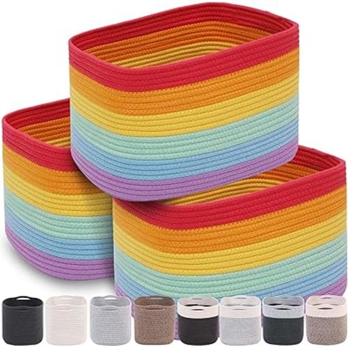 CHAT BLANC Cotton Rope Baskets for Organizing, Shelves, Toys, Storage, Shoe, Bathroom, Laundry, Towel, Nursery, Home Decor, Blanket, Cloth Woven Bins Fabric (Rainbow, 15"x10"x9")
