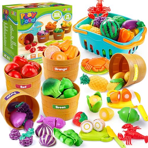 JOYIN Learning Toys Play Food Set for Toddlers, Cutting Food for Preschool Activities, Play Kitchen Accessories, Educational Toys, Color Sorting Set for Boys & Girls, Gifts for Christmas