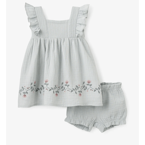 Aqua Embroidered Organic Muslin Dress w/Blmr – Elegant Baby
