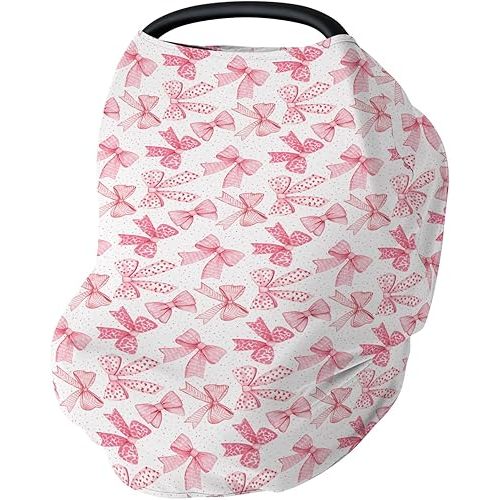 Pink Bows Car Seat Cover for Babies Pink Hair Bows Leopard Stripes Stretchy 5-in-1 Cover Adjustable Infant Carseat Cover Canopy Valentine Hearts Love Breathable Nursing Cover-Up