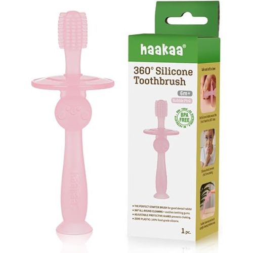 haakaa 360° Silicone Baby Toothbrush – 100% Soft Food Grade Silicone, BPA-Free, Suction Base, Safe for Babies 6 Months+, Gentle Gum and Teeth Cleaning for Infants, Gum Massager (Bubble Pink)