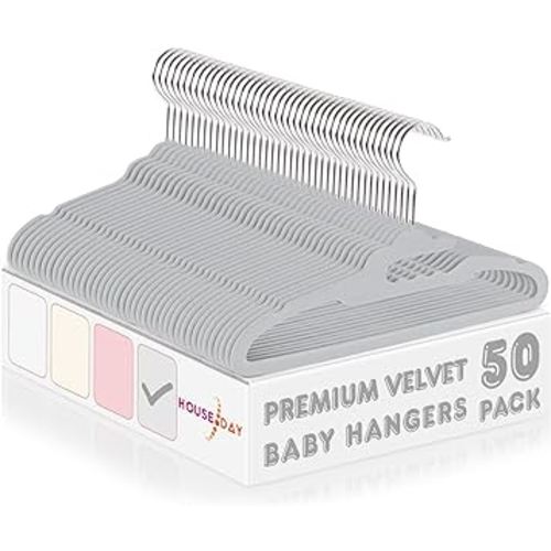 HOUSE DAY Premium Baby Velvet Hangers 50 Pack for Kids, Non Slip Baby Clothes Hangers for Closet, 11 Inch Children's Hanger Space Saving on Baby Organization, Gray