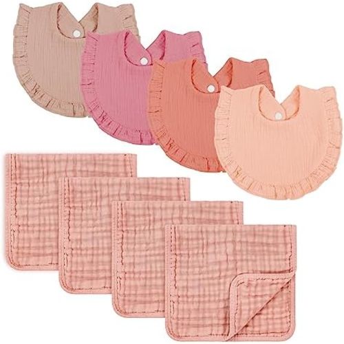 Omisy 4 Pack Burp Cloths & 4 Pack Muslin Baby Bibs Sets, for 2-36 Months Drooling Teething Girl Boy's Burp and Snap Bib