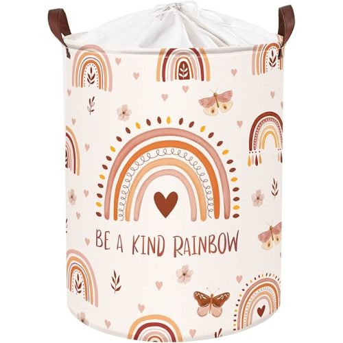Clastyle 45L Boho Rainbow Laundry Hamper with Handle Drawstring Waterproof Butterfly Flowers Pink Laundry Basket Round Clothes Toys Heart Basket for Nursery Room
