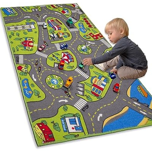 Large Kids Carpet Playmat Rug 52 x 32 with Non-Slip Backing, City Life Play Mat for Playing with Car Toy, Game Area for Baby Toddler Kid Child Educational Learn Road Traffic in Bedroom, Classroom