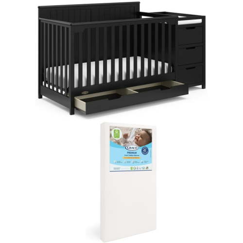 Graco Hadley 5-in-1 Convertible Crib and Changer and Premium Crib & Toddler Mattress Bundle, Black
