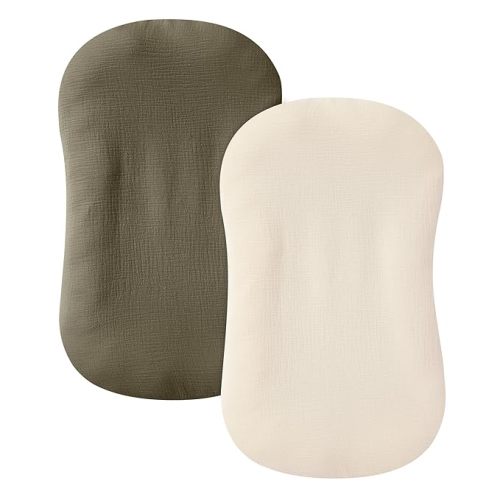 Muslin Baby Lounger Cover 2 Pack, 100% Cotton Infant Lounger Cover, Soft & Breathable Replacement Slipcover, Compatible with Snuggle Me Newborn Lounger (Dark Olive,Cream)