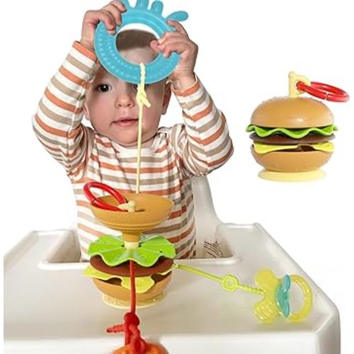 Hamburger Suction Cup Toys Holder for High Chair, Stroller Baby Toys 6-12 Months & Toddlers, 3 Tethers Keep from Falling, Great for Restaurant & Car Seat Airplane Travel