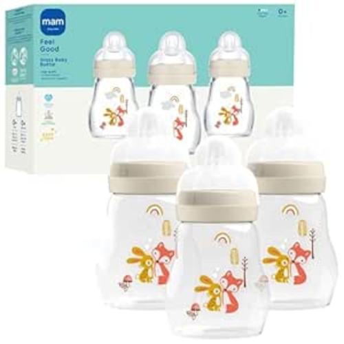 MAM 6oz Premium Glass Wide Neck Baby Bottle with Slow Flow Breastfeeding-Like Silicone Nipple, Easy to Clean,BPA Free, 0+ Months, Easy Switch Between Breast and Bottle, Made in Europe, 3 Pack Unisex