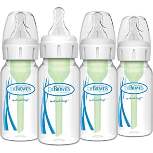 Dr. Brown's Natural Flow Anti-Colic Options+ Narrow Baby Bottle, 4 oz/120 mL, with Level 1 Slow Flow Nipple, 0m+, 4 Bottles