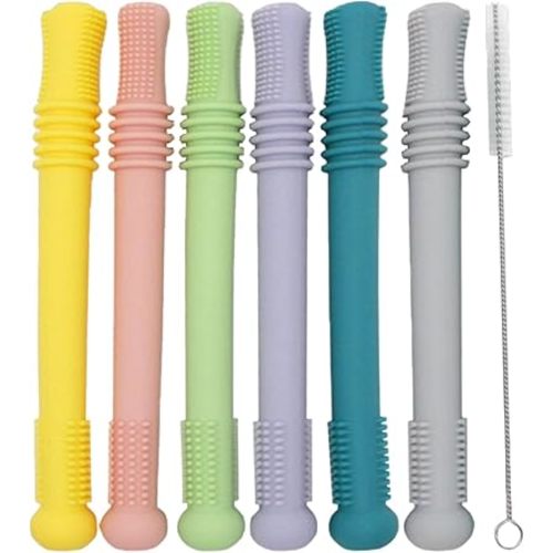 Hollow Stick Teether (Pack of 6) - Chew Straw Toy for Toddlers - Infant Silicone Tube - BPA Free, Freezer Safe, Dishwasher Safe, Easy to Hold & Clean