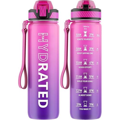 Water Bottle with Straw, 32oz Motivational Water Bottles with Time Marker to Drink, Tritan BPA Free, 1L Sports Water Bottle with Carry Strap LeakProof for Women Gym Fitness Outdoor (1 Pack)
