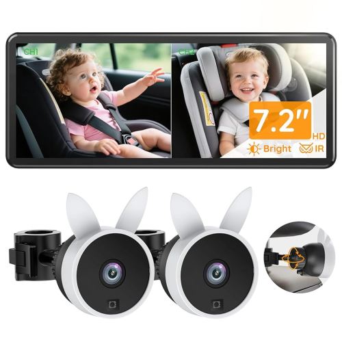 BV3PRO 7.2" Dual Car Camera Baby Monitor, 1080P HD Split Screen, IR Night Vision, Double Car Camera for 2 Baby, Easy Setup for Carseat, Perfect for Family Travel, Pet Friendly