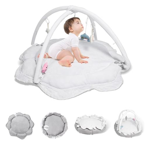 5-in-1 Baby Play Gym and Tummy Time Mat - Thick & Plush Play Mat with 6 Sensory Toys, Convertible Activity Center for Newborn to Toddler, Ball Pit (No Balls Included) & Pet Cushion - Grey